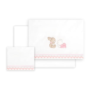 Triptico Cuna Guipur Oso Tumbado Conejito + Broche Bco/Rosa