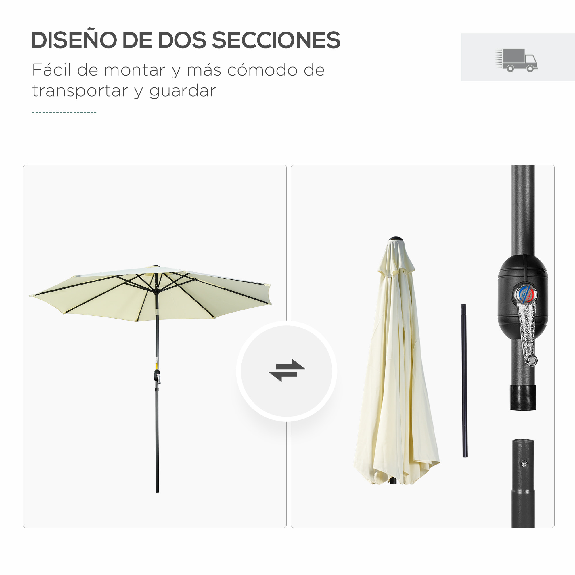 Sombrilla de Jardín Ø295x250 cm con Manivela Parasol Exterior con Mecanismo de Inclinación y Poste Desmontable de Metal para Terraza Piscina Patio Beige