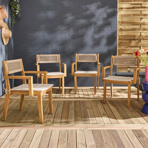 Lot de 4 fauteuils de jardin beige GALENA bois d'acacia avec coussin et corde. 59 x 55 x 81 cm