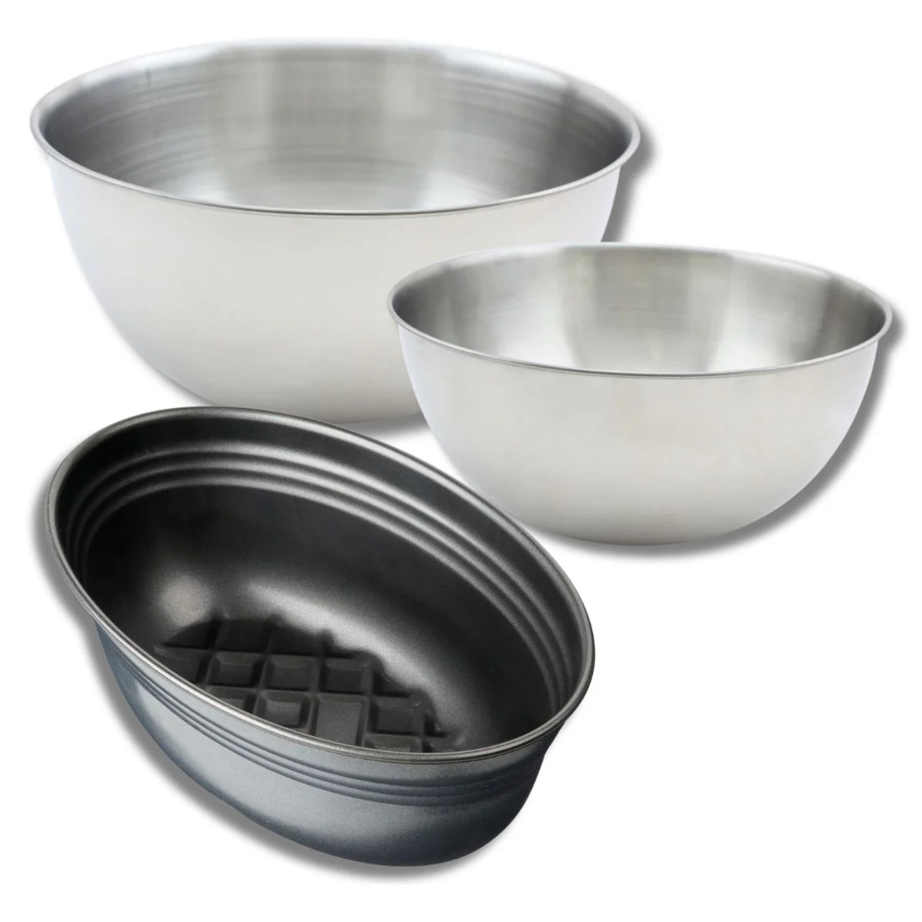 Lot avec 1 moule à pain 26 cm, 1 spatule Zenker et 2 bols à mixer en inox Fackelmann