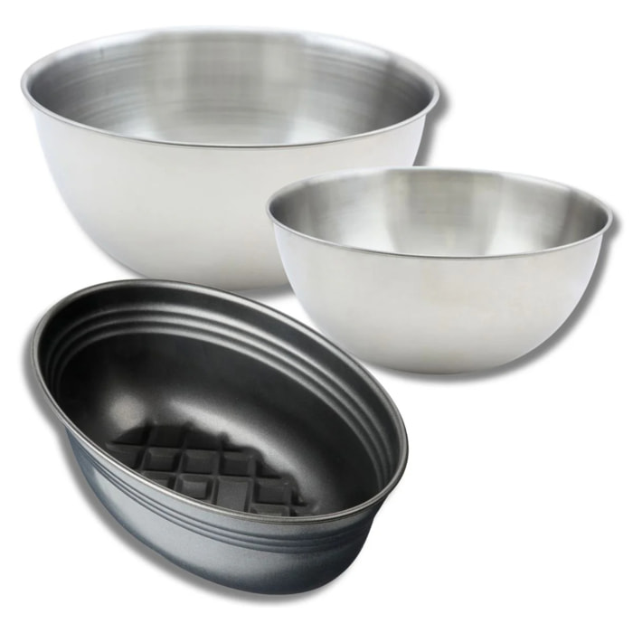Lot avec 1 moule à pain 26 cm, 1 spatule Zenker et 2 bols à mixer en inox Fackelmann