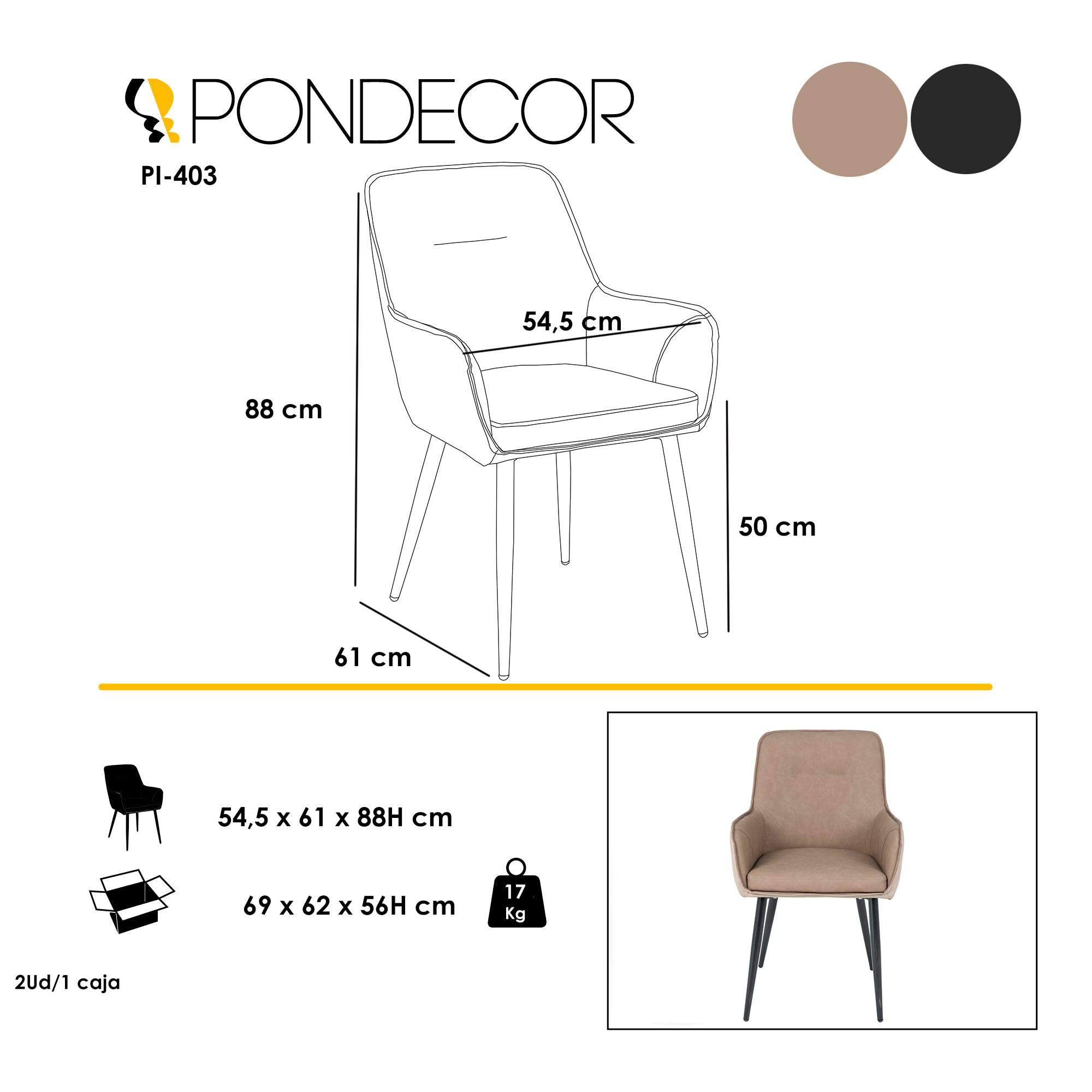 Set 2 butacas DUGLAS - polipiel marrón y beige, negro mate - 60x57x87cm
