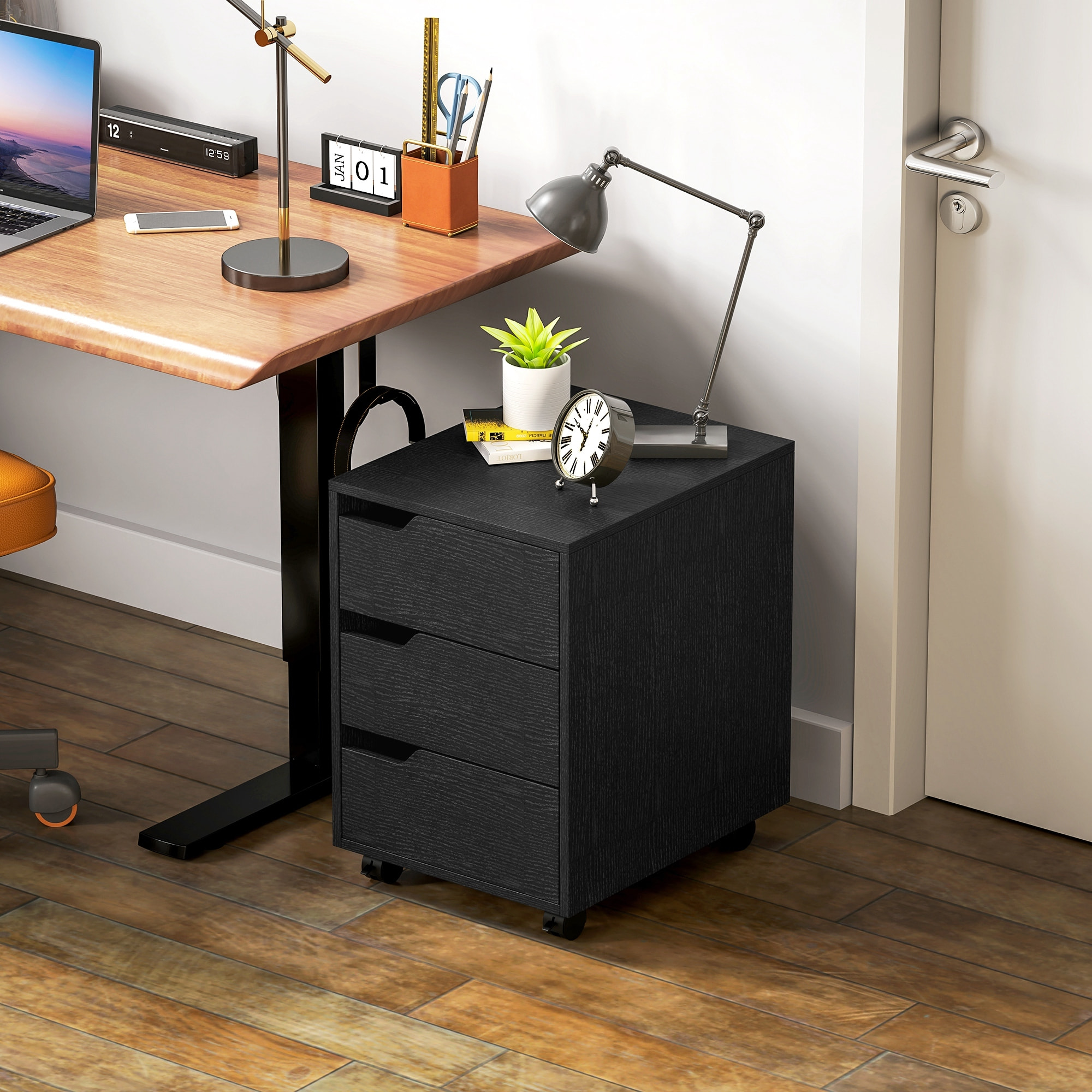 Caisson bureau mobile avec 3 tiroirs, meuble rangement bureau sur roulettes pour documents et imprimante, 40x50x57,5cm, noir