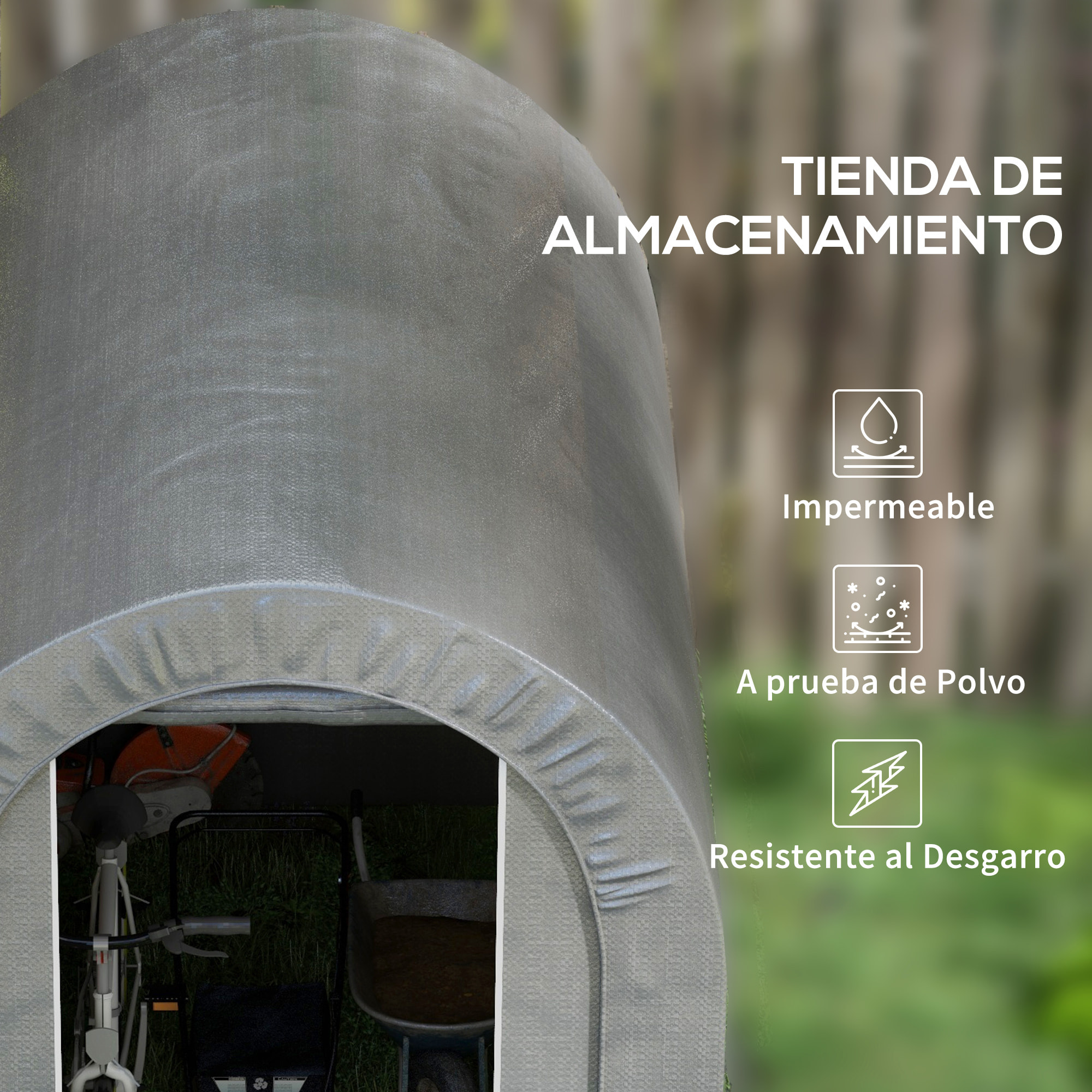 Carpa de Jardín Exterior para Herramientas, Bicicletas, 2,4x1,6x1,9 m, Cobertizo Exterior con Marco de Acero, Puerta Enrollable con Cremallera, Impermeable, Garaje Portátil, Gris Claro