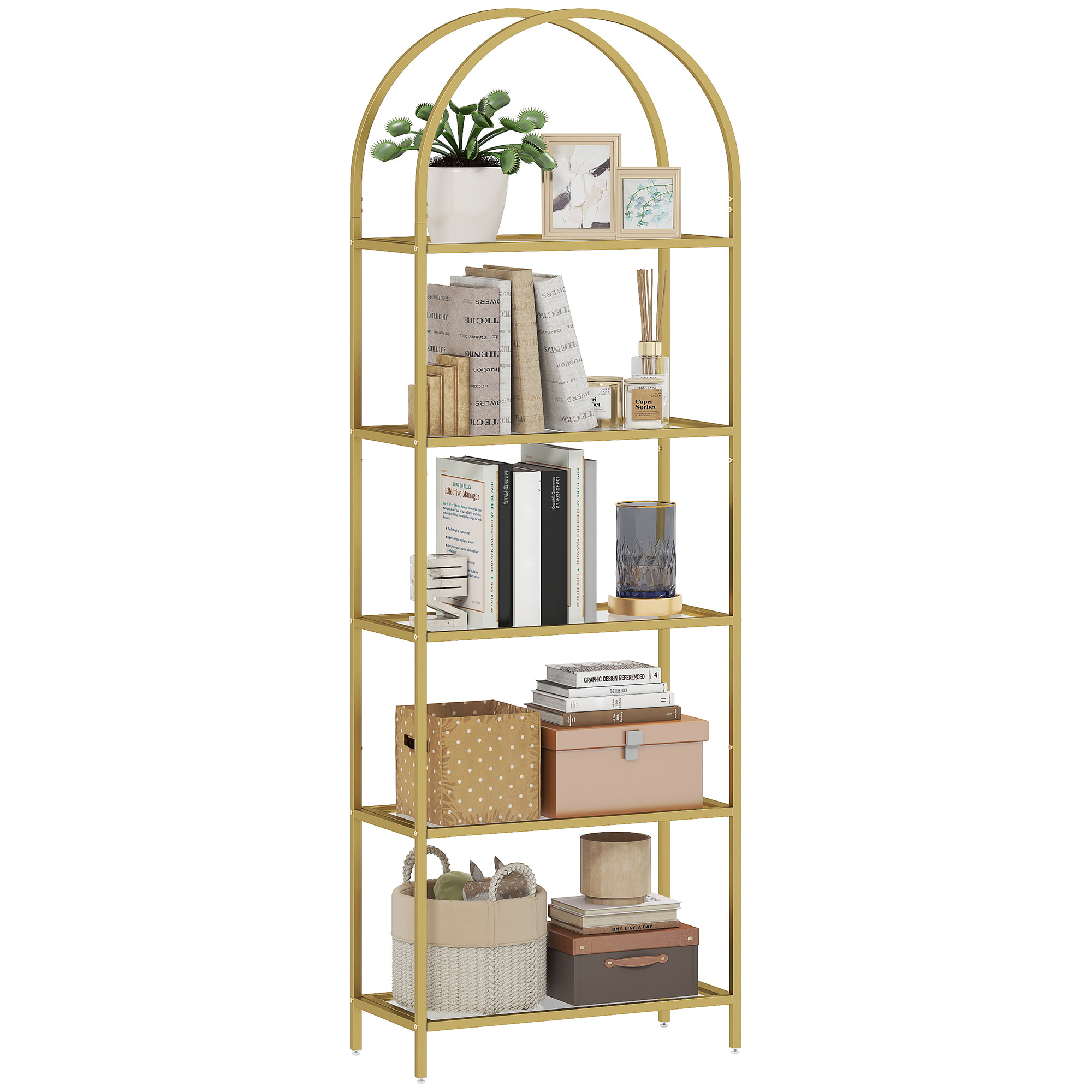Estantería de Vidrio Templado de 5 Niveles, Estantería Almacenaje, Estructura Arqueada, Librería Estrecha para Espacios Pequeños, Baño, Sala de Estar y Cocina, 60x30x175 cm, Dorado
