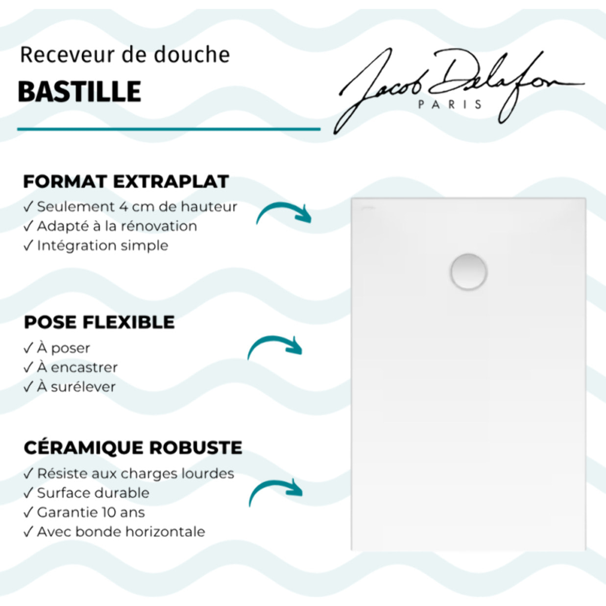 Receveur de douche 120 x 90 cm Bastille céramique + bonde horizontale
