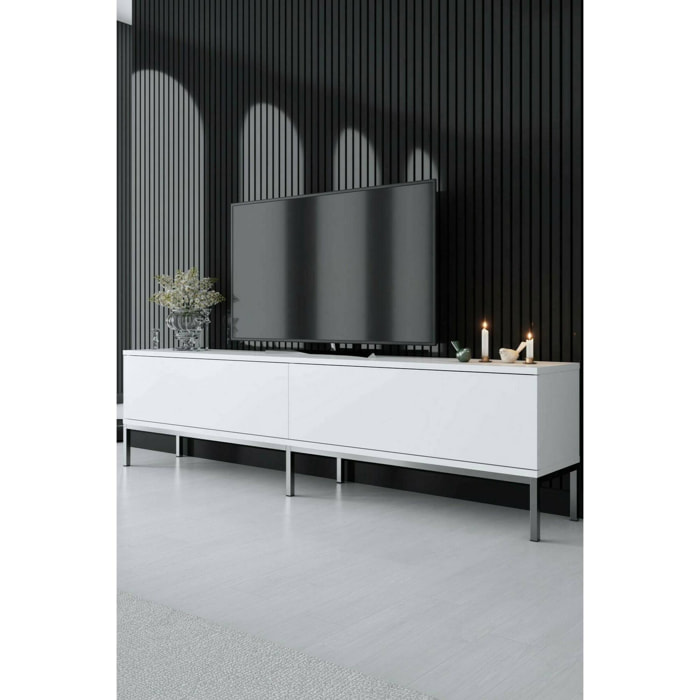 Mobile porta TV Espero, Credenza da soggiorno, Armadio basso per TV, Base parete attrezzata, 180x30h47 cm, Bianco e Argento
