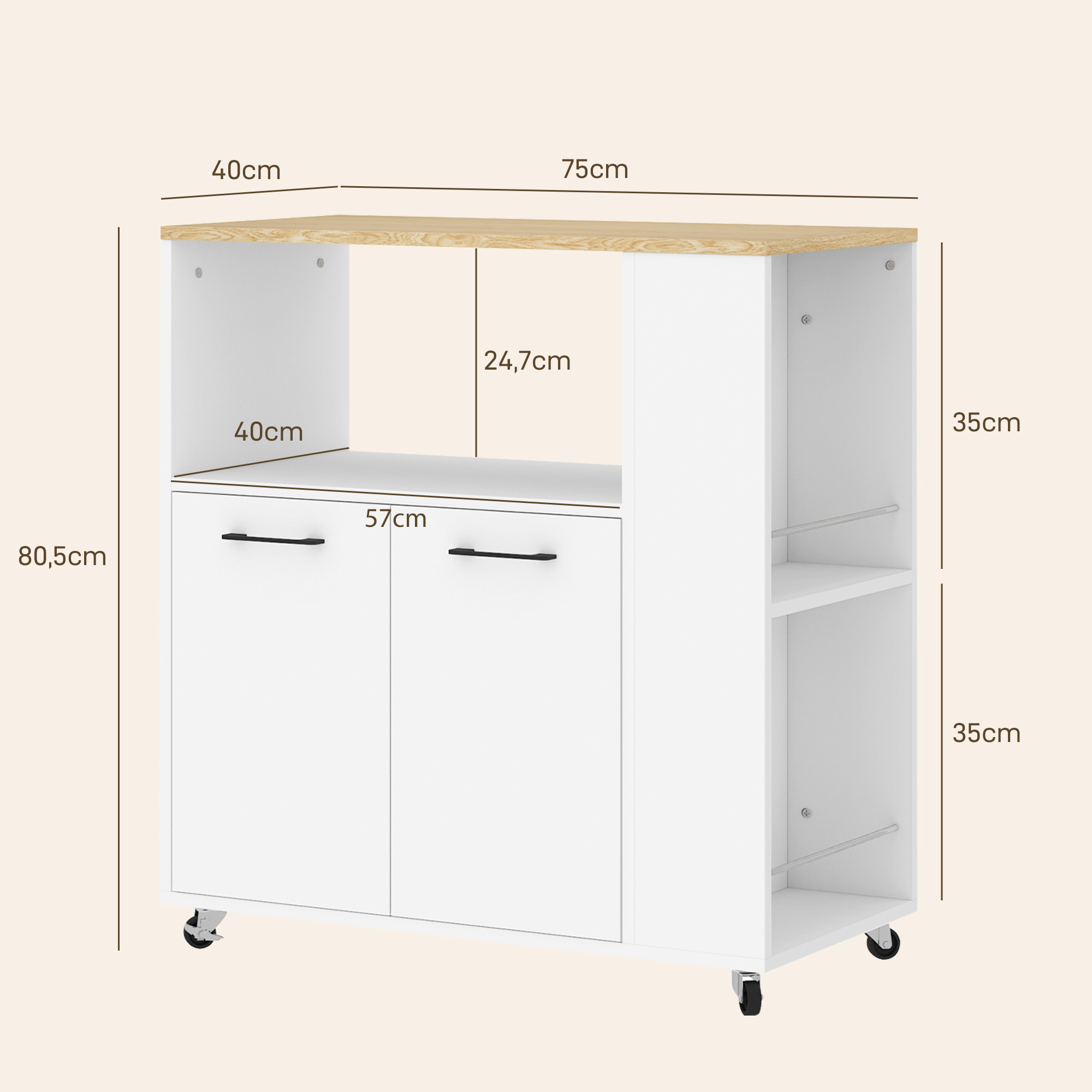 Carrito Auxiliar con Ruedas, Carrito de Cocina con 2 Puertas, Estante Ajustable, Especieros, para Comedor, 75x40x80,5 cm, Blanco