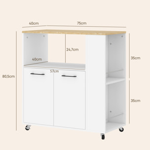 Carrito Auxiliar con Ruedas, Carrito de Cocina con 2 Puertas, Estante Ajustable, Especieros, para Comedor, 75x40x80,5 cm, Blanco