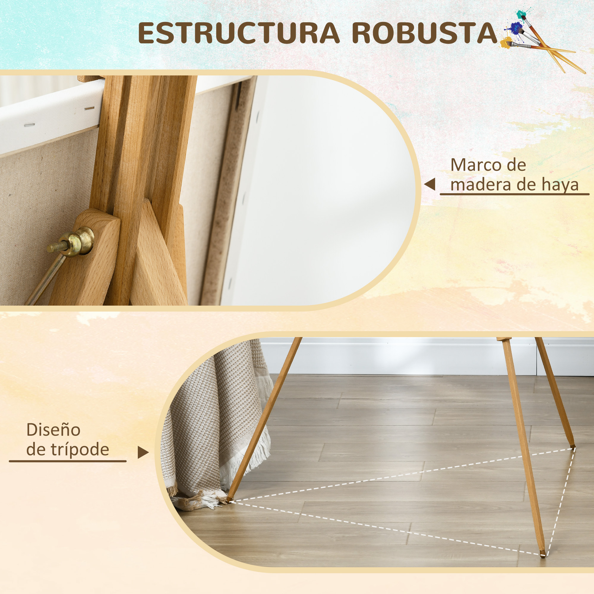 Caballete de Pintura Plegable Caballete para Pintar con Altura Ajustable y Trípode de Madera de Haya Soporte Lienzos de hasta 107 cm 93x84x183 cm Natural