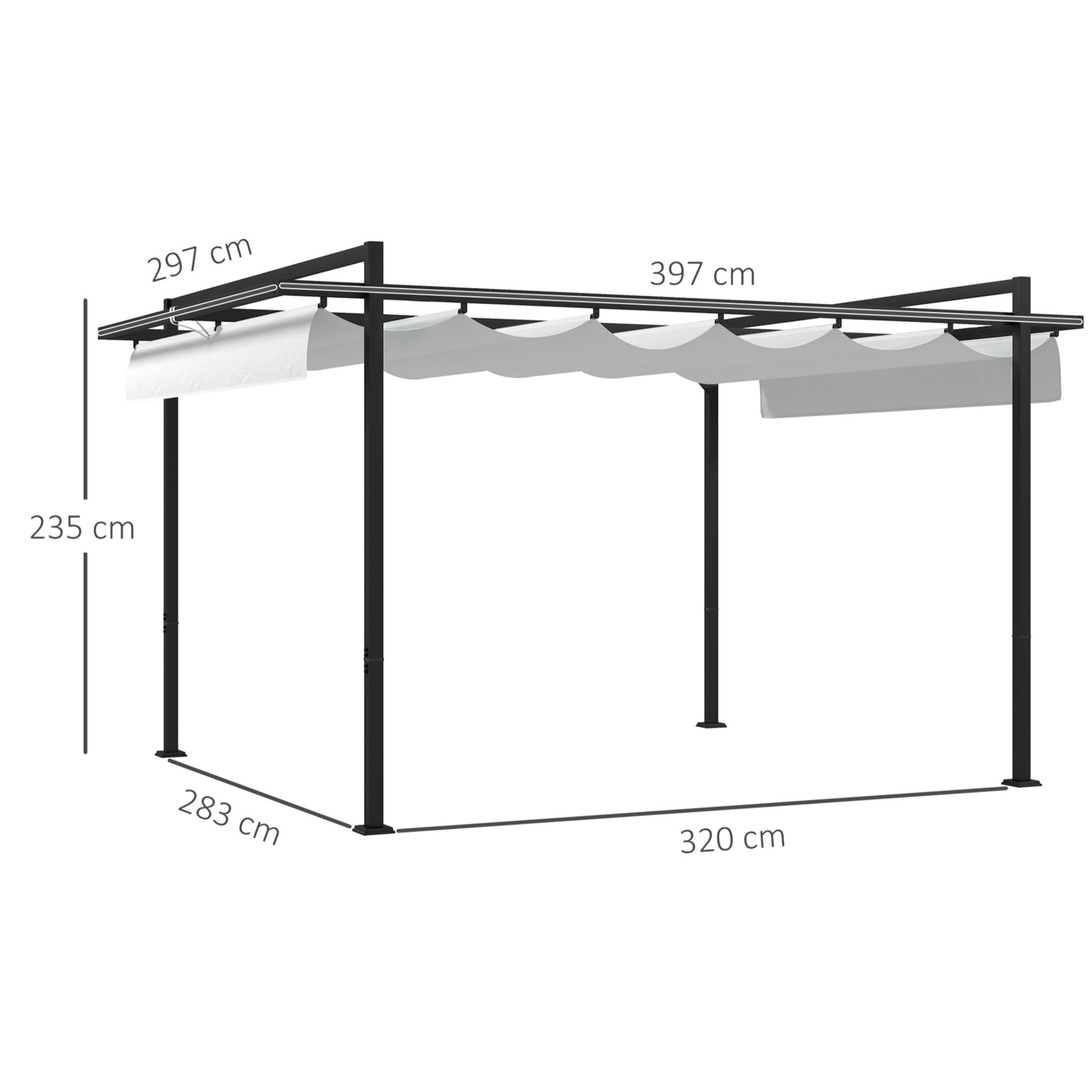 Pérgola 3x4 m Gazebo Cenador de Jardín con Techo Retráctil de Poliéster y 12 Orificios de Drenaje Pérgola para Patio Terraza Exterior Blanco y Gris Oscuro
