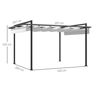 Pérgola 3x4 m Gazebo Cenador de Jardín con Techo Retráctil de Poliéster y 12 Orificios de Drenaje Pérgola para Patio Terraza Exterior Blanco y Gris Oscuro