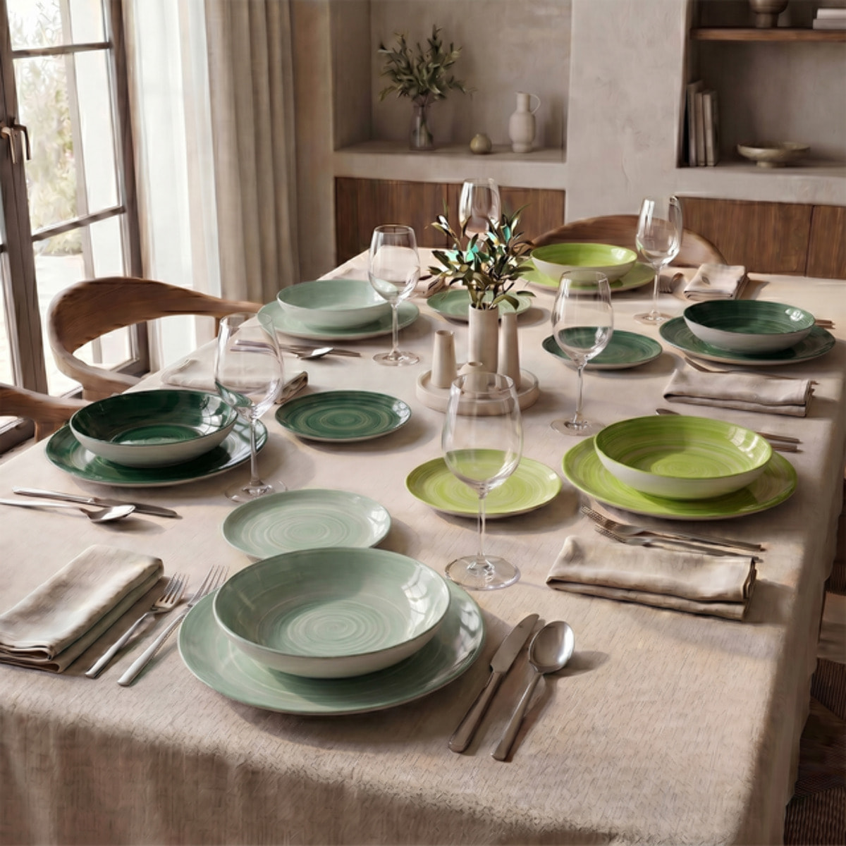 Servizio Tavola da 18 Piatti in Ceramica, lavabile in lavastoviglie e adatto a microonde, Intrecci