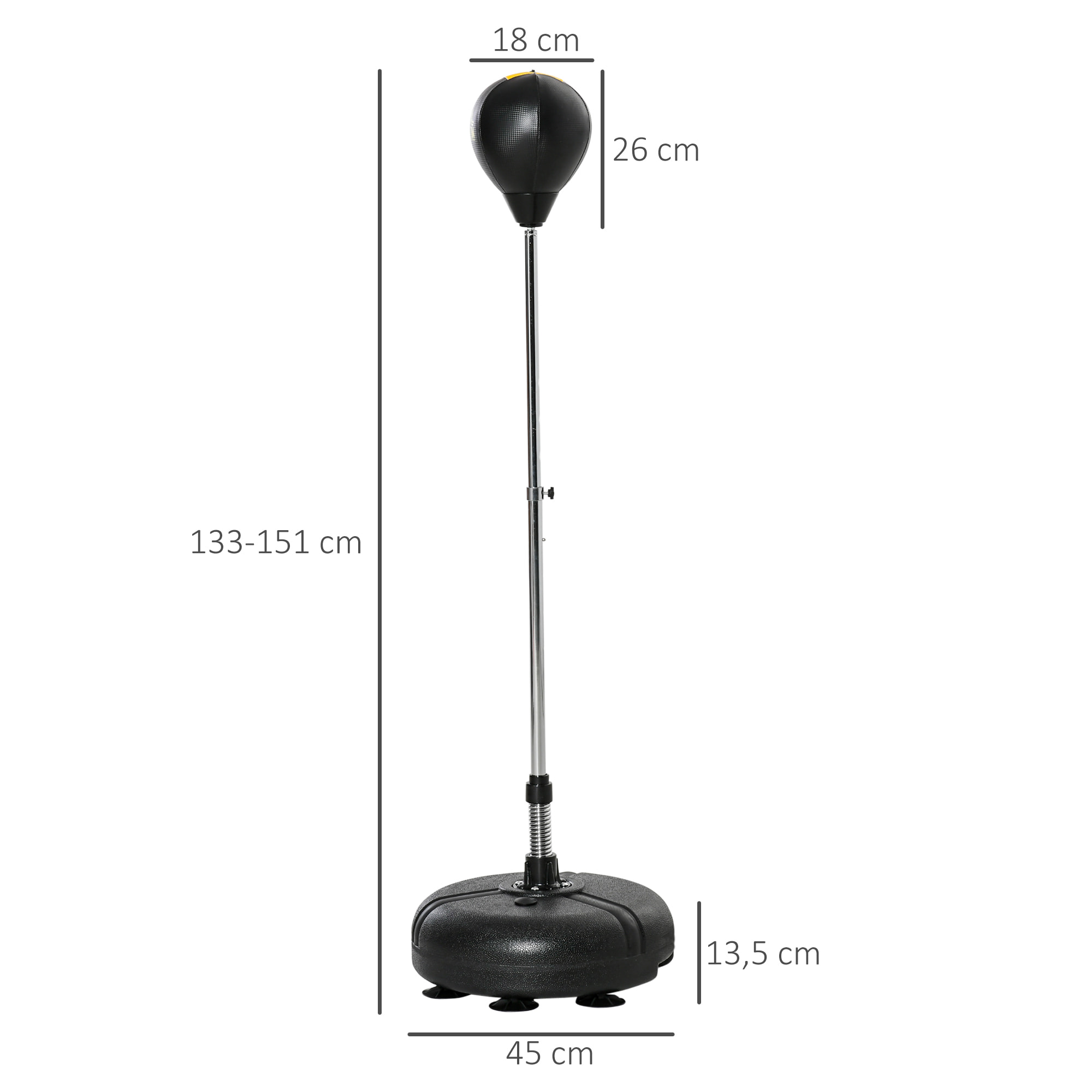 Punching ball sur pied hauteur réglable H.133 -151cm - ressort central, socle ventouses - accessoires - jaune noir