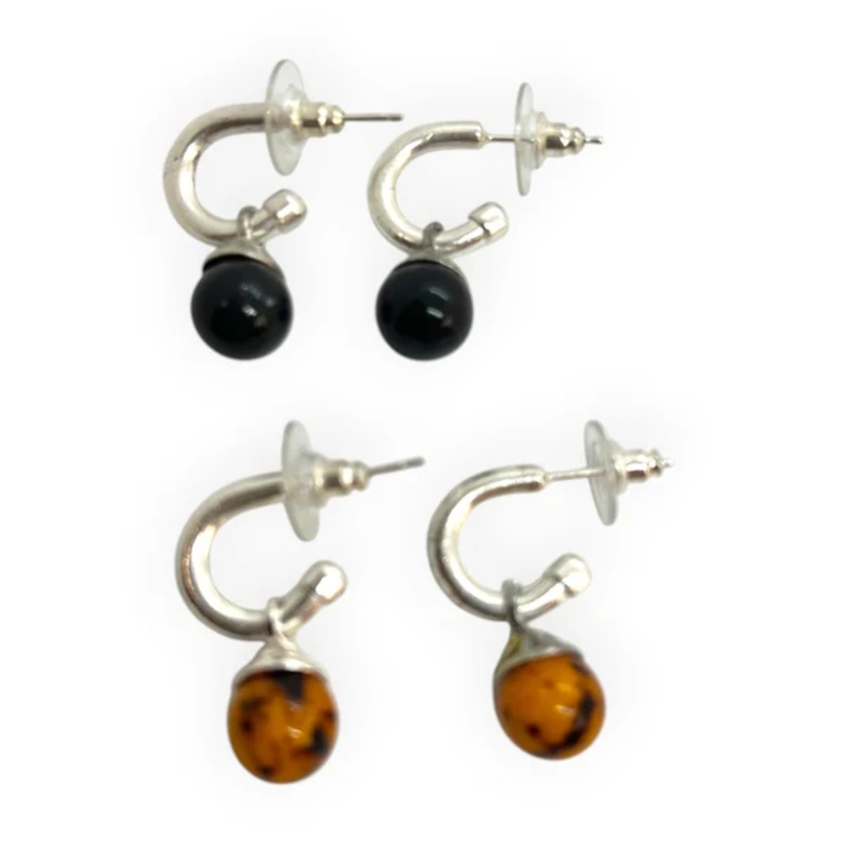 Pack aros pequeño y bola colgante plata chapado y bolas en negro y jaspeado