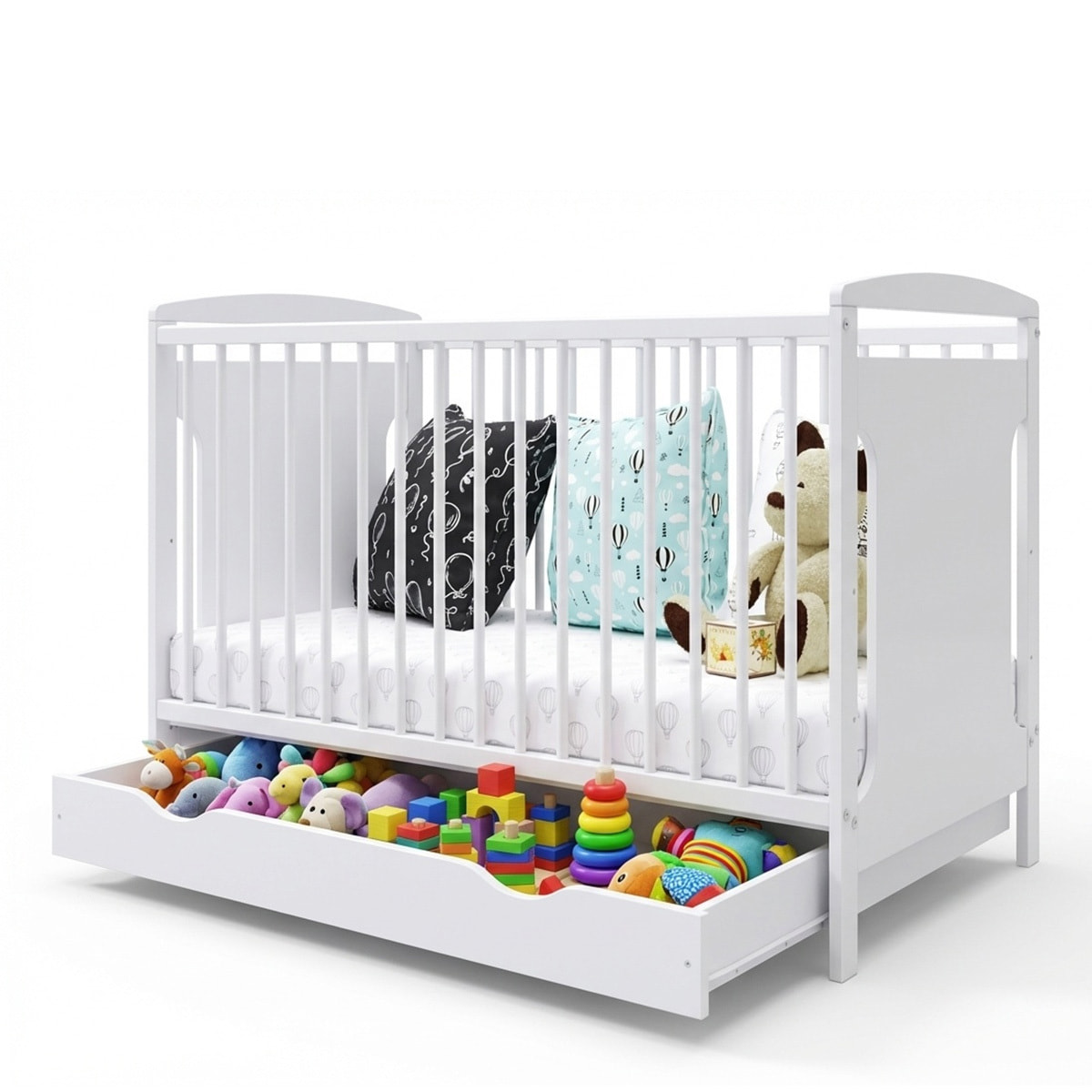 Lit Bébé Évolutif Margot 60x120 cm en Bois, Blanc, Avec Tiroir intégré, Sommier Réglable 3 Hauteurs, Barreaux Amovibles