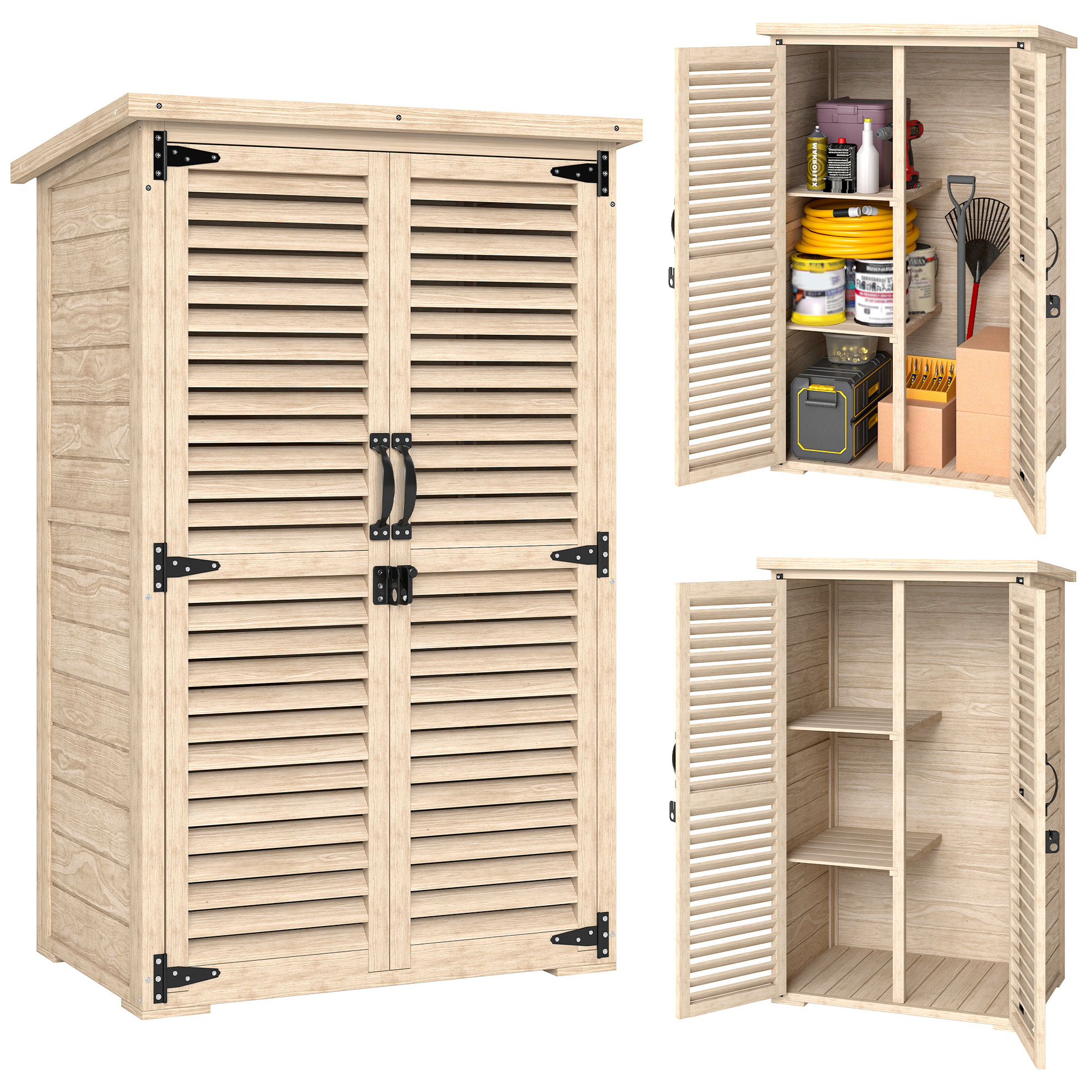 Caseta de Jardín de Madera, 75x50x118 cm, Cobertizo Jardín Exterior, Armario para Almacenaje Herramientas, con 2 Puertas de Persiana 2 Estantes y Techo Impermeable para Patio Terraza, Natural