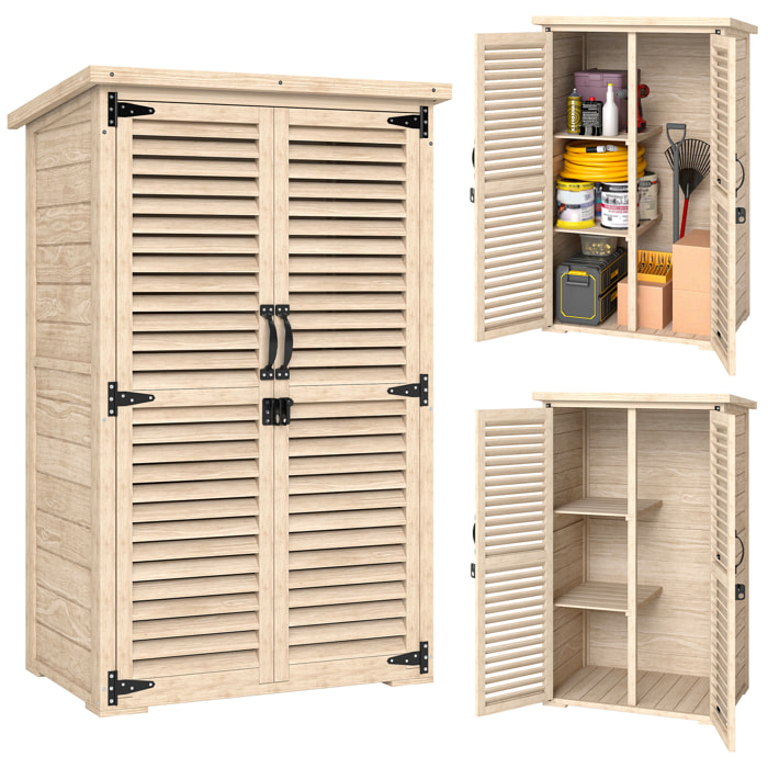 Caseta de Jardín de Madera, 75x50x118 cm, Cobertizo Jardín Exterior, Armario para Almacenaje Herramientas, con 2 Puertas de Persiana 2 Estantes y Techo Impermeable para Patio Terraza, Natural