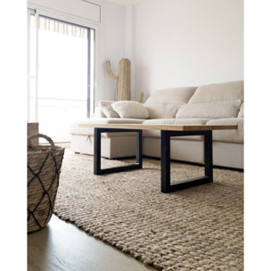 Mesa de centro de madera maciza acabado natural con patas de hierro negras de 40x100cm Alto: 40 Largo: 100 Ancho: 60