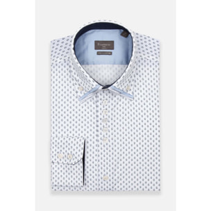 Camicia Uomo 2 Bottoni Button Down Triplo Collo Slim Popeline Stretch Stampato Bianco e Blu