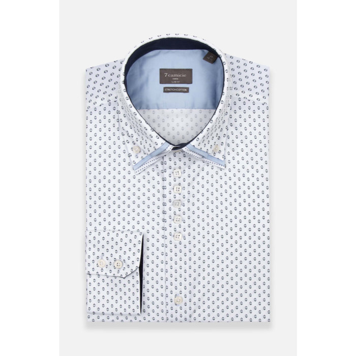 Camicia Uomo 2 Bottoni Button Down Triplo Collo Slim Popeline Stretch Stampato Bianco e Blu