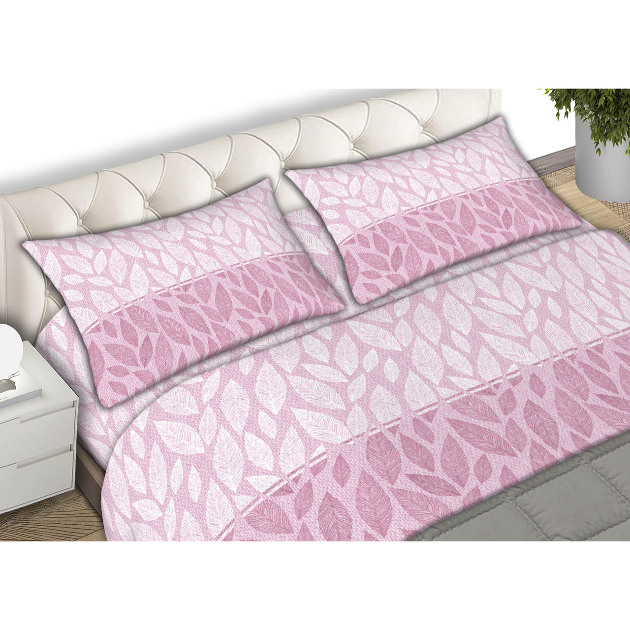 Completo Lenzuola In Calda Flanella Made in Italy Foglie Rosa
