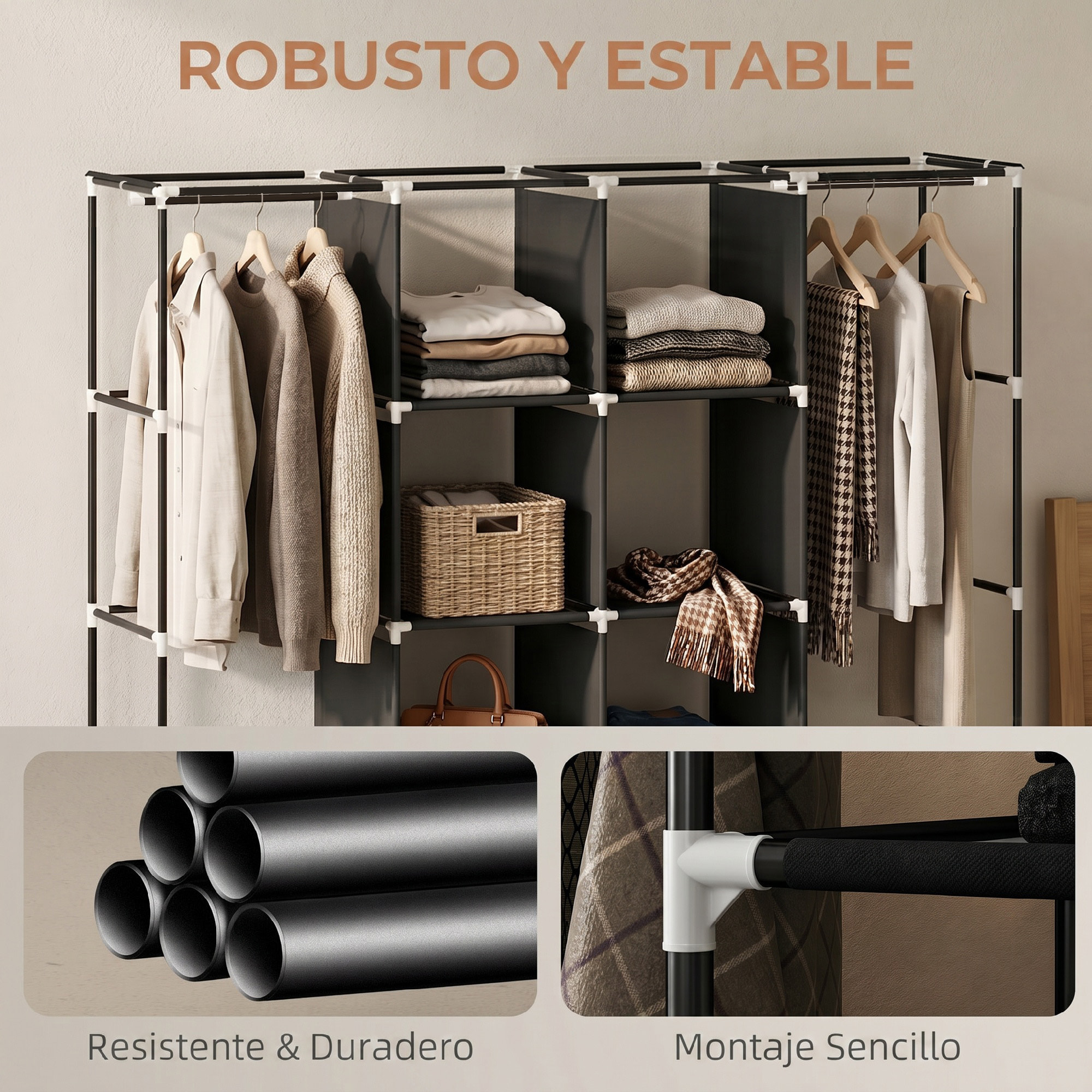 Armario de Tela con Ruedas, Armario Ropero Portátil con 2 Barras para Colgar, 10 Compartimentos, Cremallera, Marco de Acero, para Dormitorio, Espacio Pequeño, 166x42,5x167 cm, Negro
