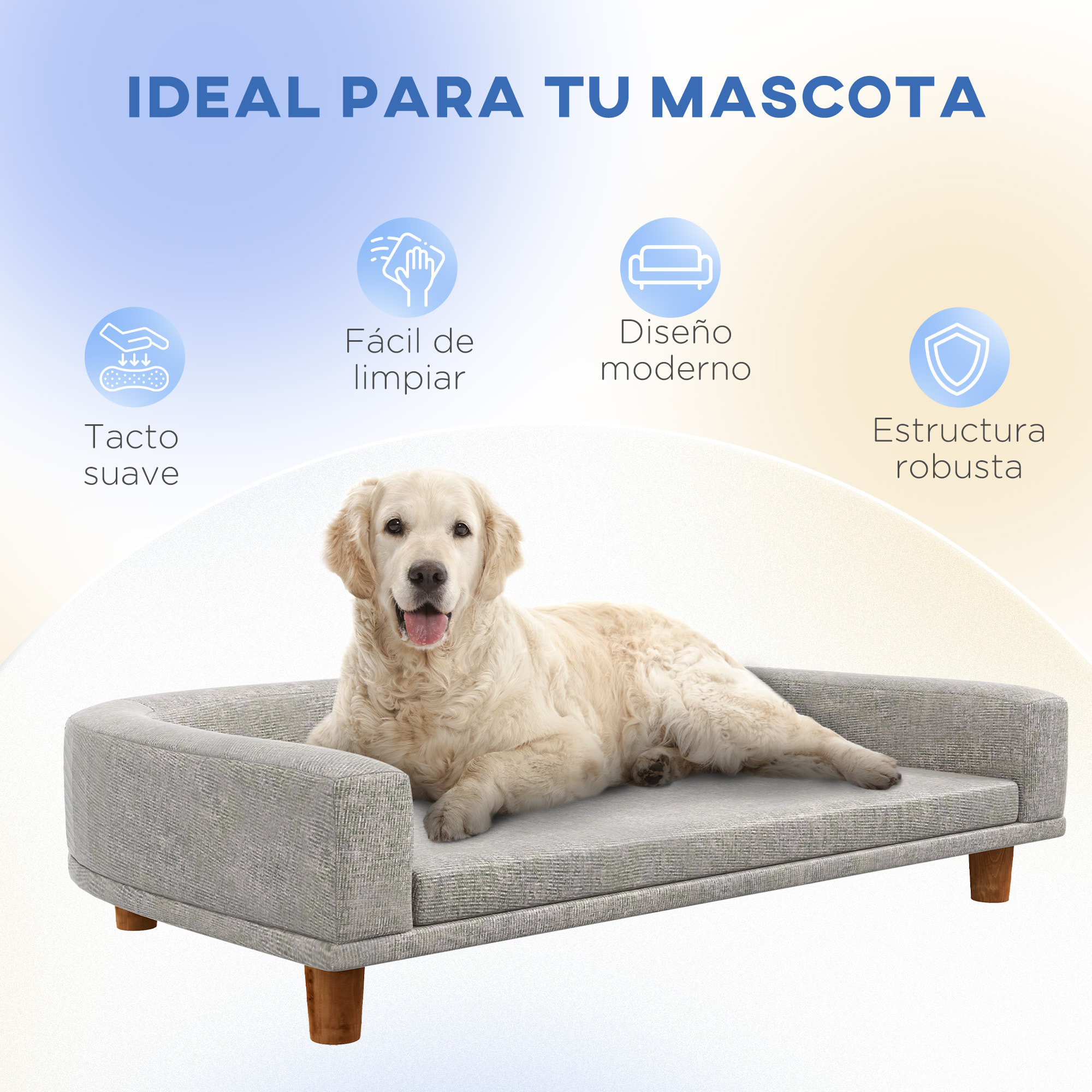 Sofá para Perros Grandes Cama Elevada para Perros Tapizada con Cojín Lavable y Patas de Madera de Pino Carga 40 kg 98x67x25 cm Gris