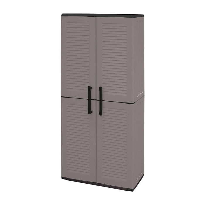 Armadio da esterno Akina, Mobile da balcone, Armadio multiuso con ripiani, 100% Made in Italy, 68x37h163 cm, Grigio e Nero, Finitura righe