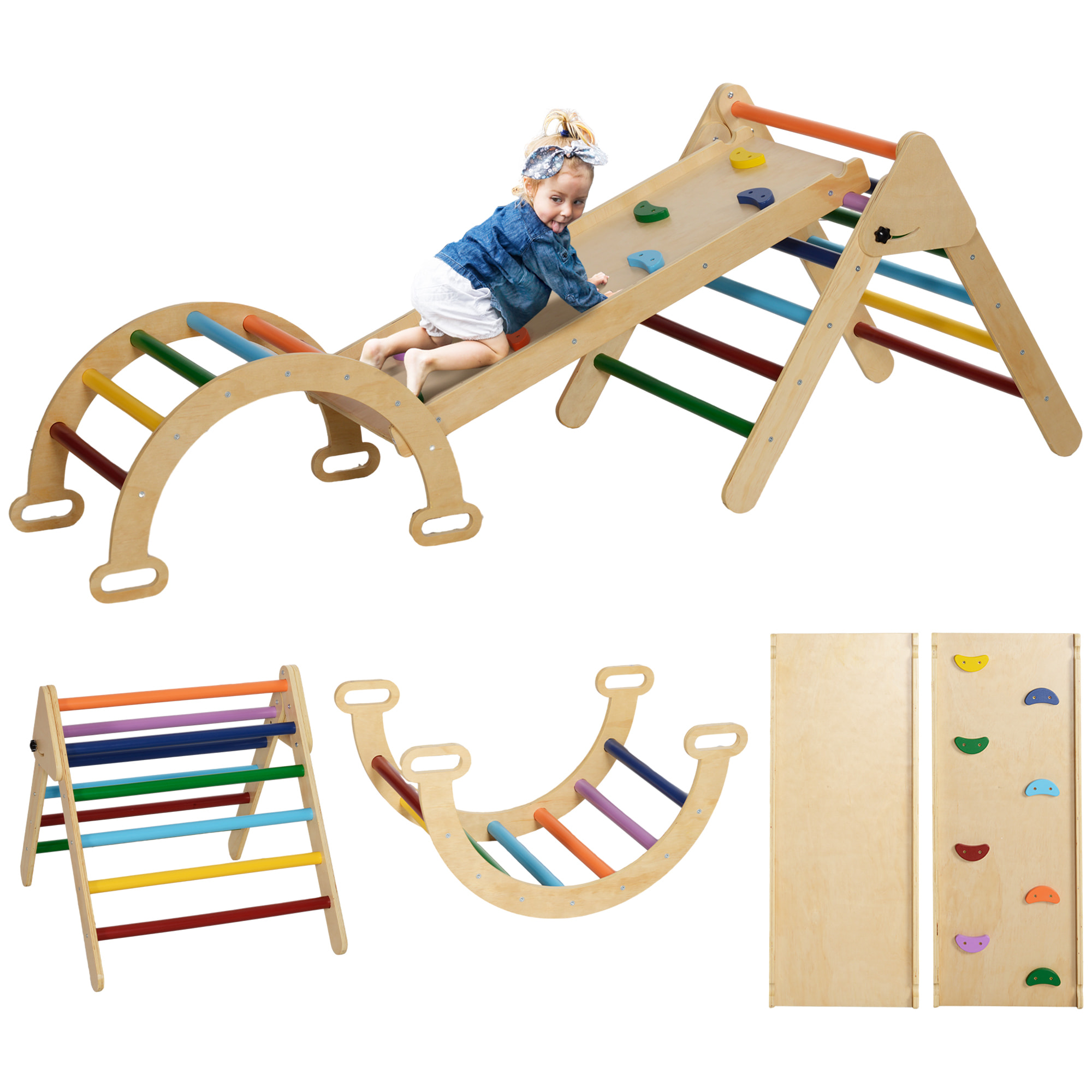 5 en 1 Triángulo de Escalada Montessori con Arco y Rampa, Escalada para Niños de Madera Plegable, para 18-48 Meses, para Deslizarse o Escalar, 178x64,5 cm, Multicolor