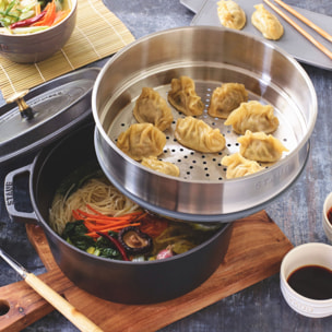 Cocotte avec panier vapeur 24 cm, Rond(e), Noir mat, Fonte