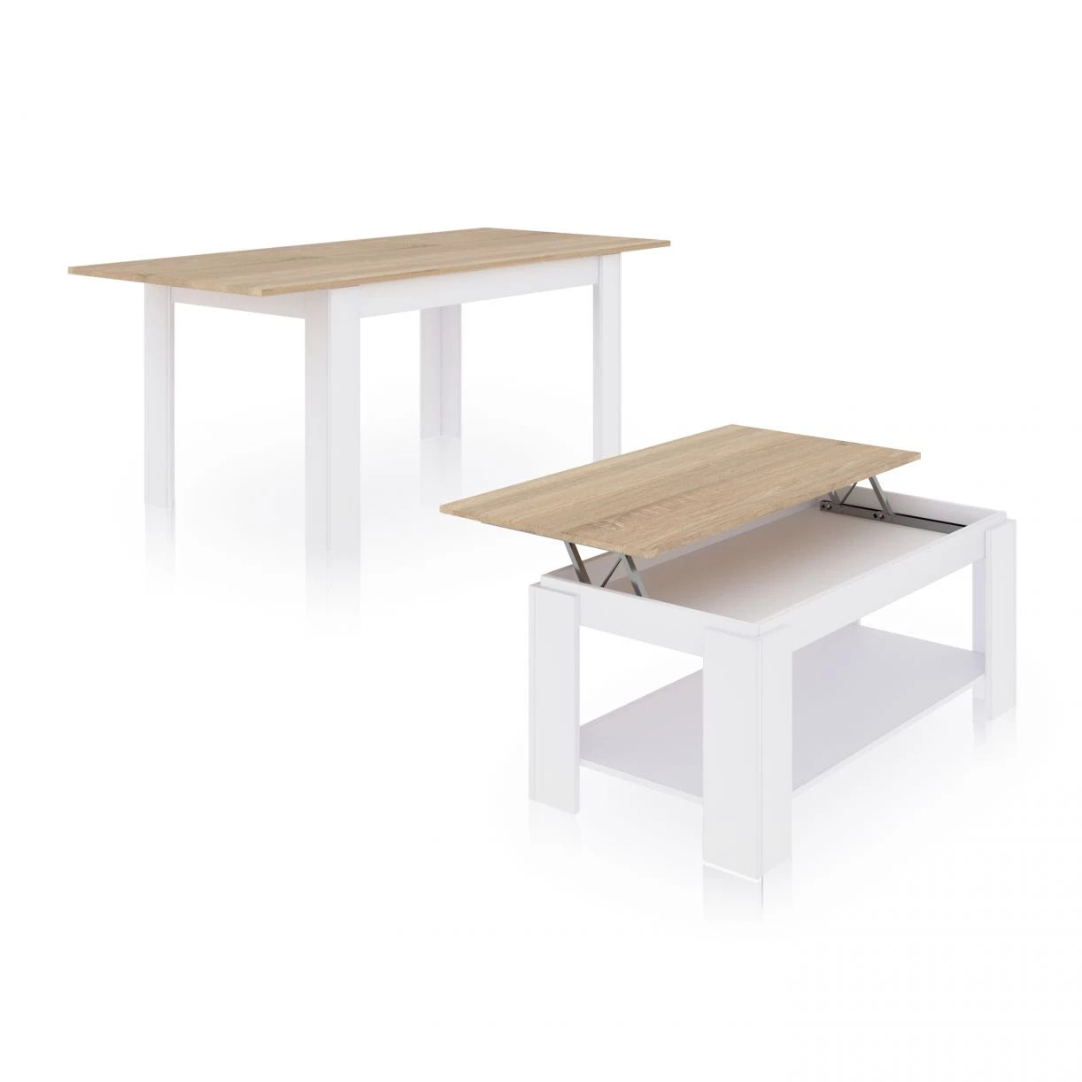Pack mesa de comedor 140 y mesa de centro Lya Blanco Artik (Blanco Mate) - Roble Canadian