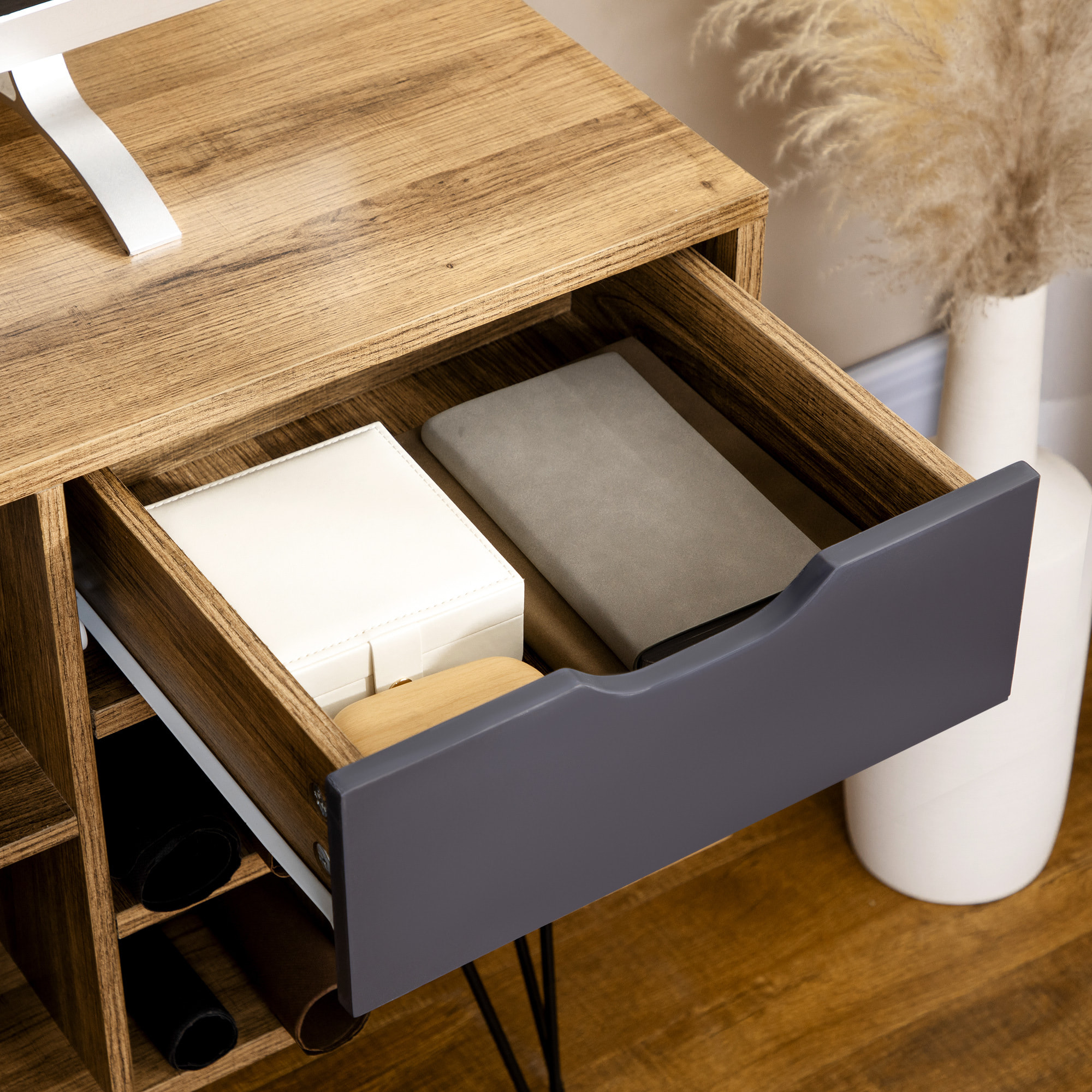 Meuble TV banc TV design industriel graphique - 4 tiroirs, 4 niches, porte - piètement épingle métal noir aspect bois