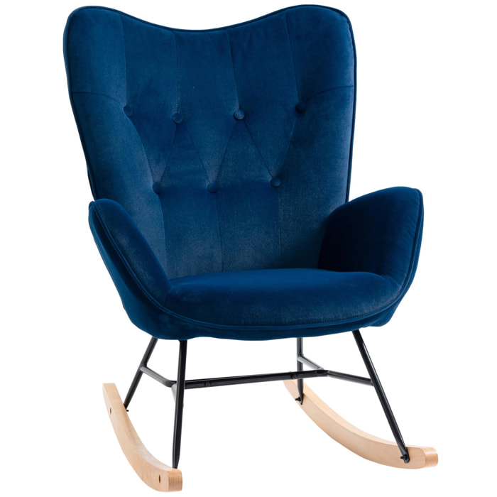 Fauteuil à bascule oreilles rocking chair grand confort accoudoirs assise dossier garnissage mousse haute densité aspect velours bleu