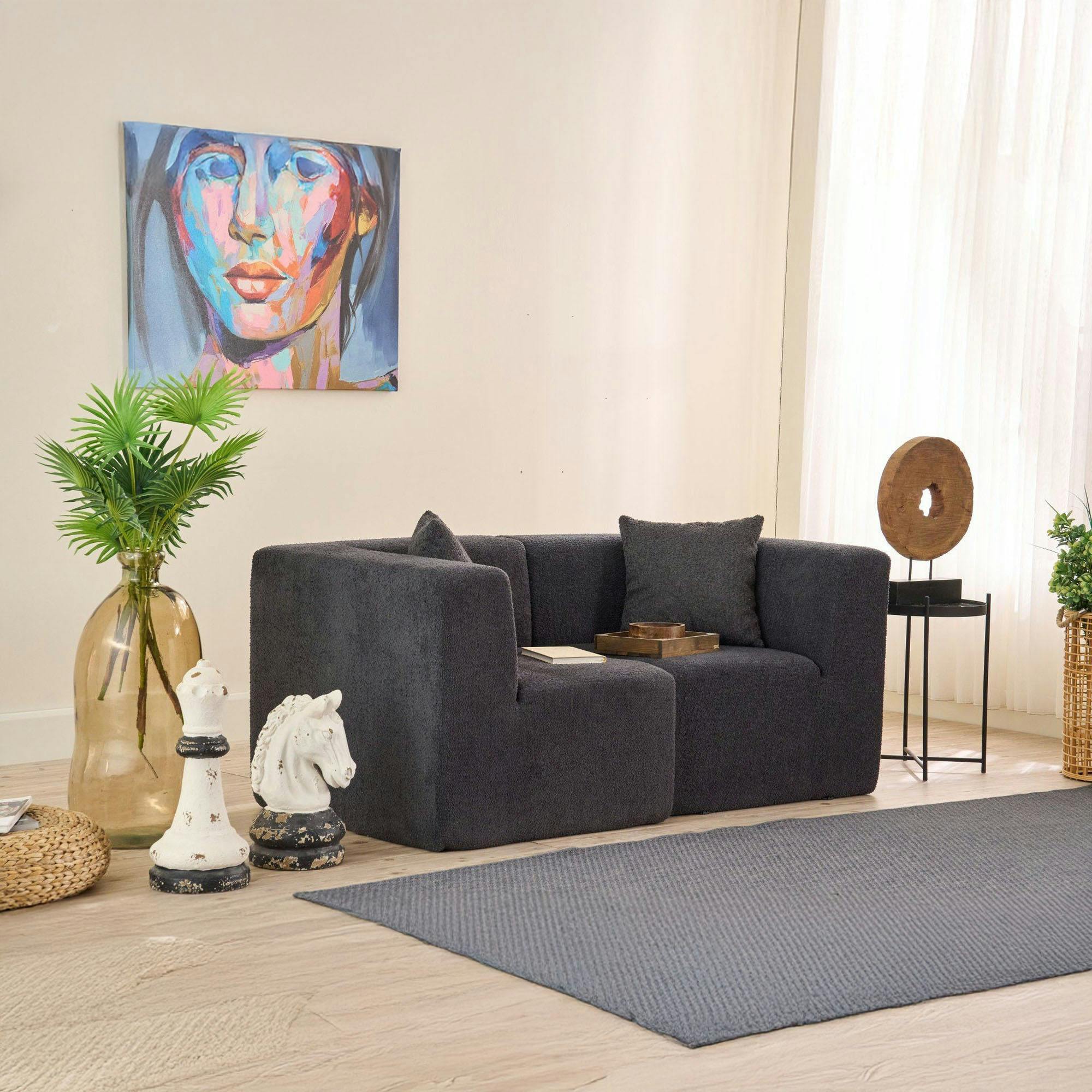 Canapé 2 places compact anthracite tissu chenille PLOVIA