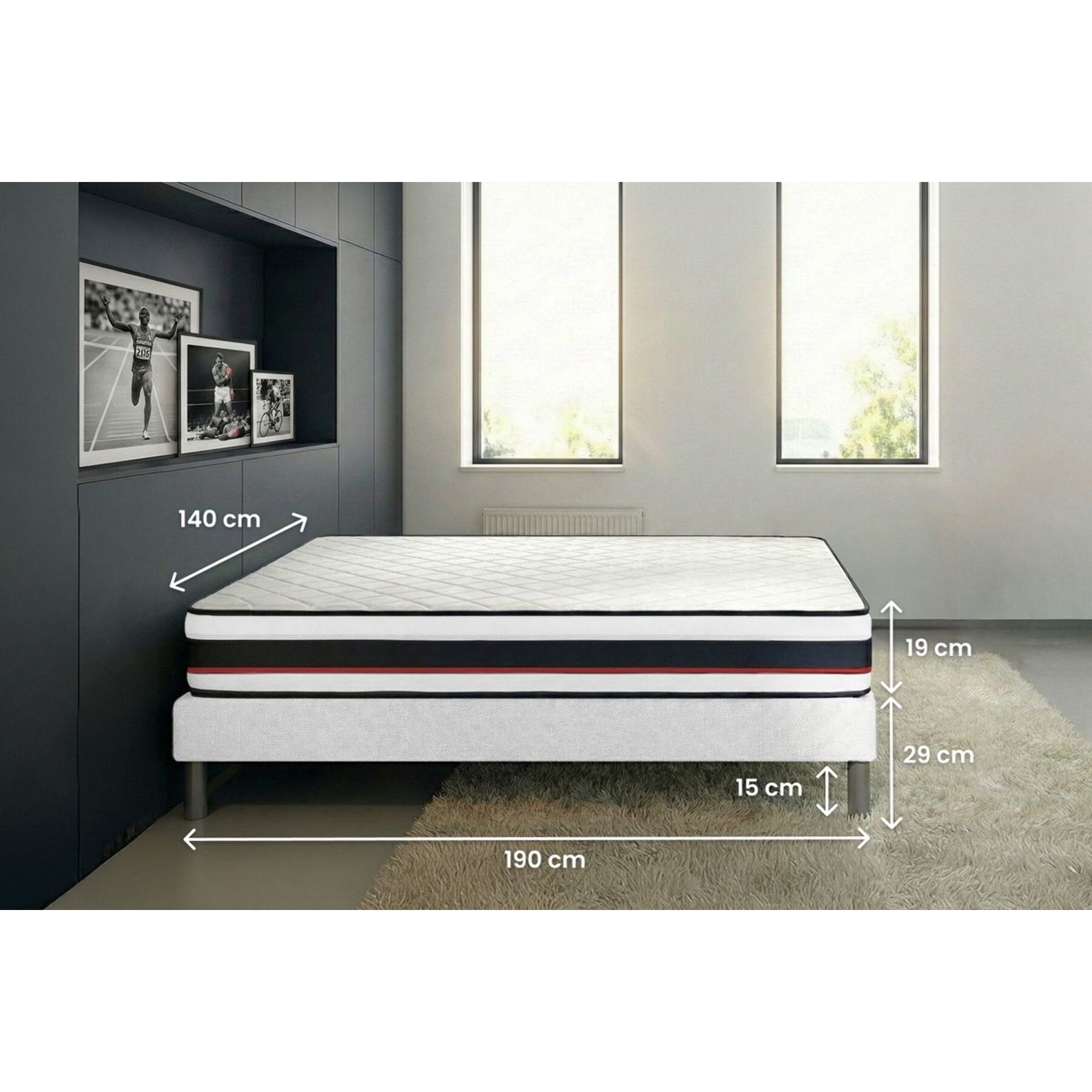Ensemble - Matelas Ressorts ensachés et mémoire de forme 22cm d'épaisseur - 3 zones de confort - Confort ferme - Sommier tapissier monobloc - 2 places