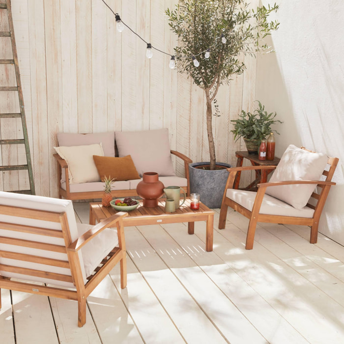 Salon de jardin en bois 4 places - Ushuaïa - Coussins écrus. canapé. fauteuils et table basse en acacia. design