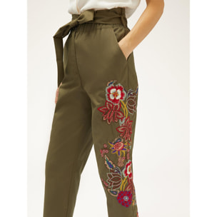 Motivi - Pantalones paperbag con bordado floral - Verde