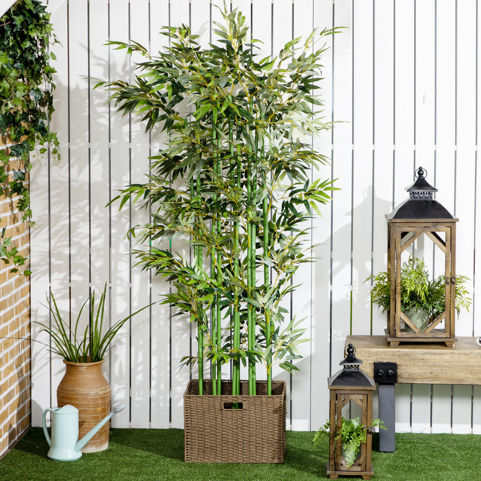 Bambú Artificial en Maceta de Madera de Pino 180 cm Planta Artificial con 1640 Hojas Realistas Decoración para Interior y Exterior Hogar 35x10x180 cm Verde