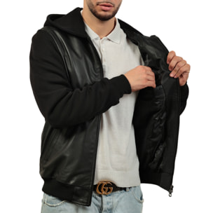 Giubbino in vera pelle di vitello con maniche e cappuccio in felpa Nero-Slim Fit