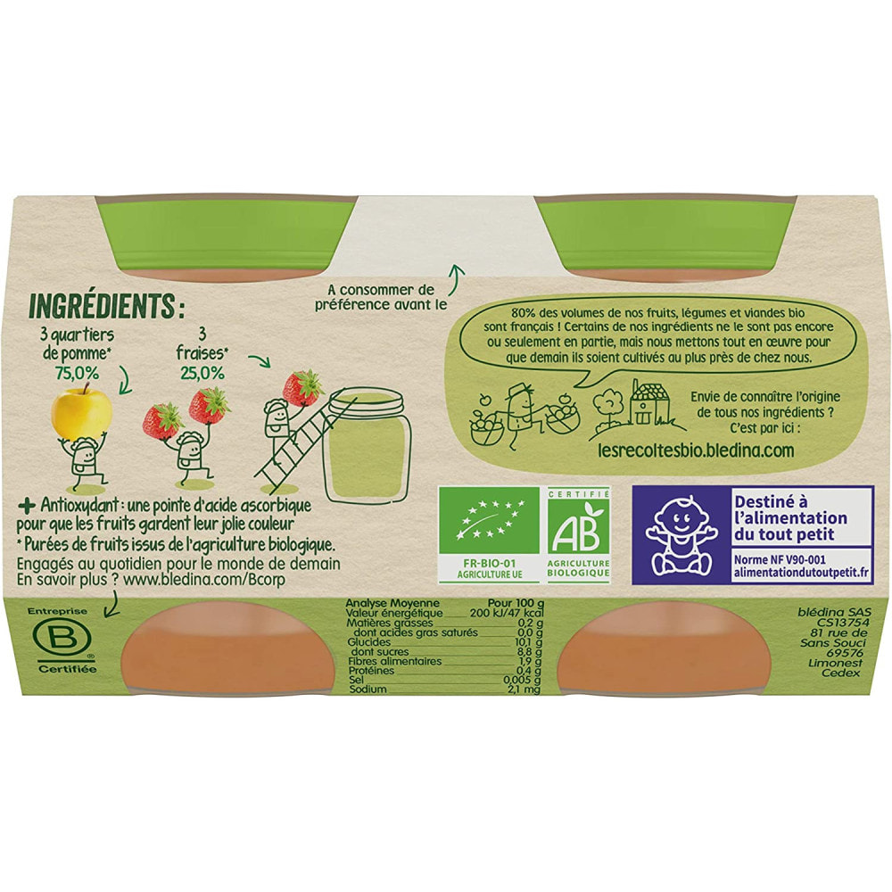 24 Petits Pots Pommes, Fraises 12x(2x130g) - Les Récoltes Bio Dès 6 Mois