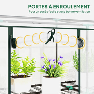 Serre de jardin balcon avec étagères métalliques 3 niveaux 3 portes acier noir PVC transparent