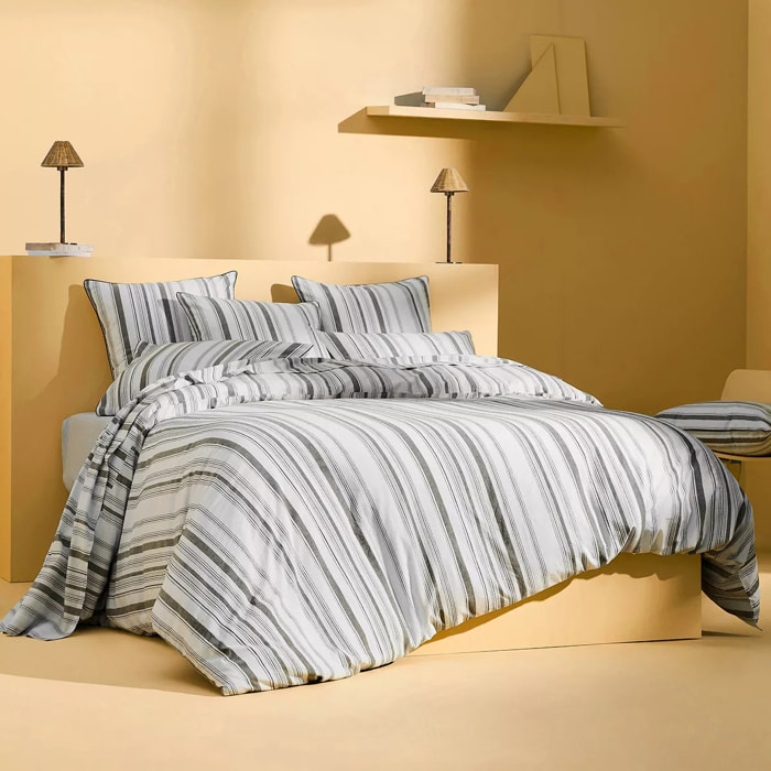 Lot h.couette +taies pur coton lavé tissé teint rayé anthracite noir Portland granit