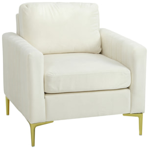 Butaca de Salón, Sillón Relax de 81 cm, Tapizado en Terciopelo, Cojines Gruesos, Patas de Metal, Estructura de Madera, para Sala de Estar, Dormitorio, Oficina, Crema