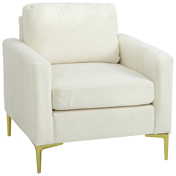 Butaca de Salón, Sillón Relax de 81 cm, Tapizado en Terciopelo, Cojines Gruesos, Patas de Metal, Estructura de Madera, para Sala de Estar, Dormitorio, Oficina, Crema