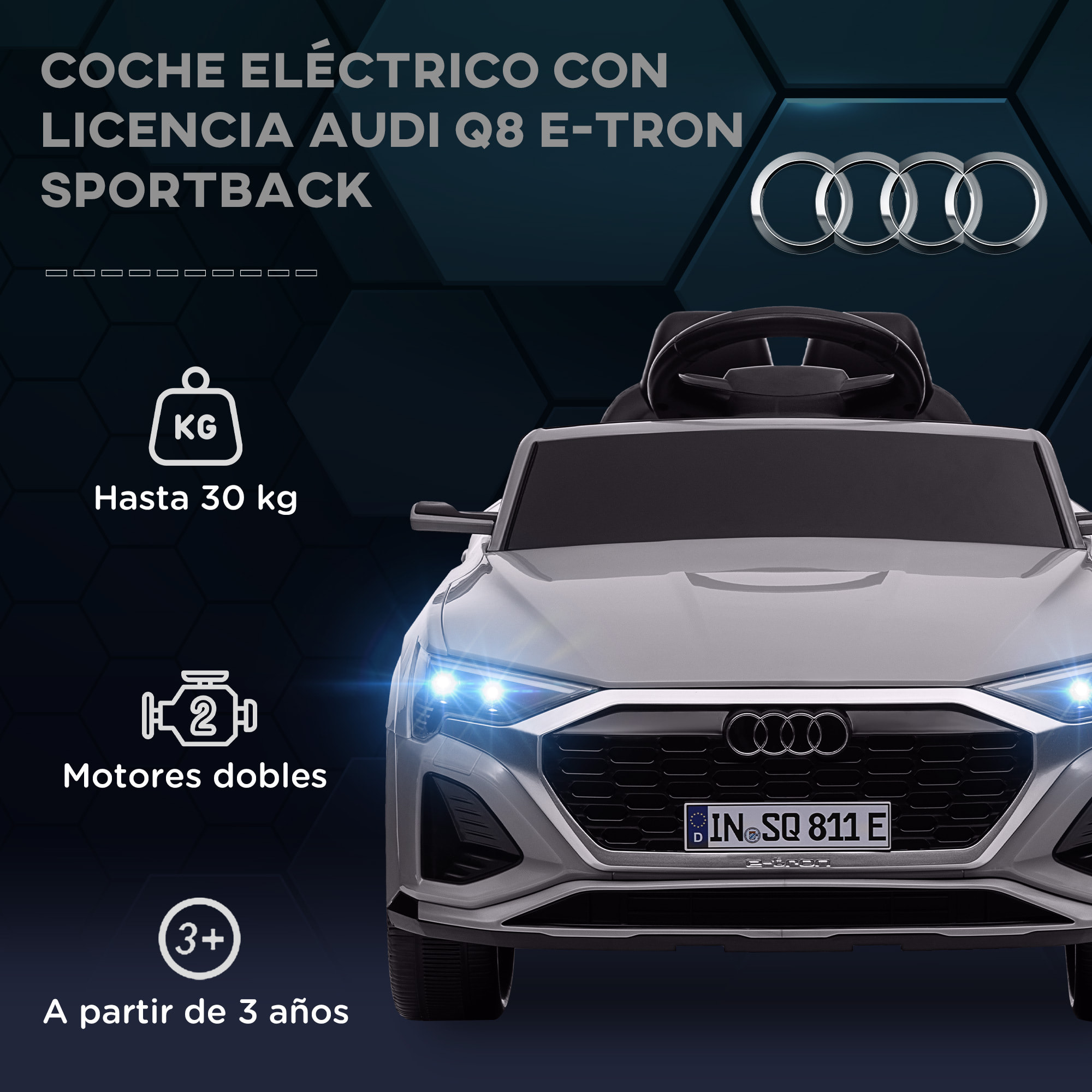 Coche Eléctrico para Niños de +3 Años Audi Q8 etron sportback Carro Eléctrico Infantil con Batería 12V Mando a Distancia Ruedas con Suspensión de Muelles Faros Bocina y Música Gris