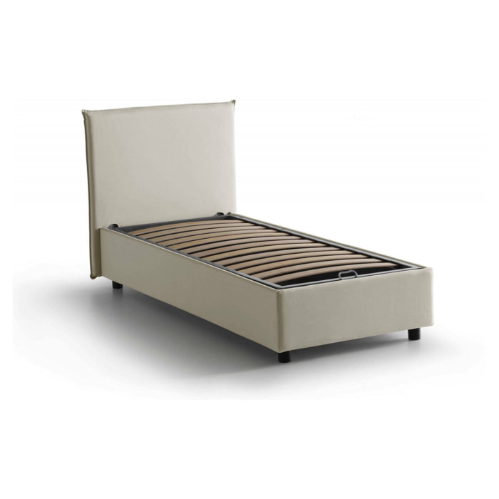 Letto singolo Acuila, Letto contenitore con rivestimento in tessuto, 100% Made in Italy, Apertura laterale, adatto per materasso Cm 80x190, Beige