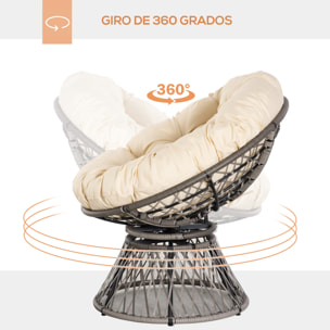 Sillón Papasan Giratorio de Ratán Sintético Silla Ovalada de Mimbre PE con Cojín y Marco de Acero Carga 160 kg para Jardín Patio Terraza 87x97x90 cm Gris y Crema