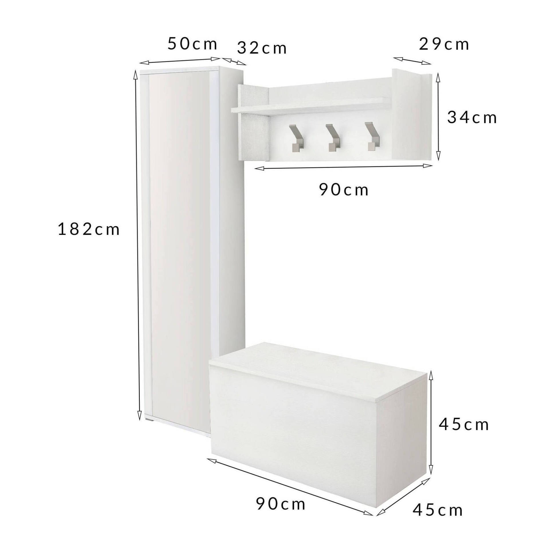 Mobile da ingresso Djohnse, Entratina moderna con appendiabiti, Mobile con scarpiera, Armadietto con specchio, Cm 50x32h182, Bianco