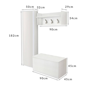 Mobile da ingresso Tanzanite, Entratina moderna con appendiabiti, Mobile con scarpiera, Armadietto con specchio, Cm 50x32h182, Bianco